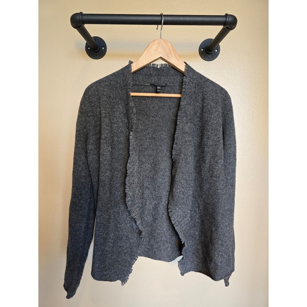 Eileen Fisher gray open front fringed 100% Wool cardigan Women's size extra smal